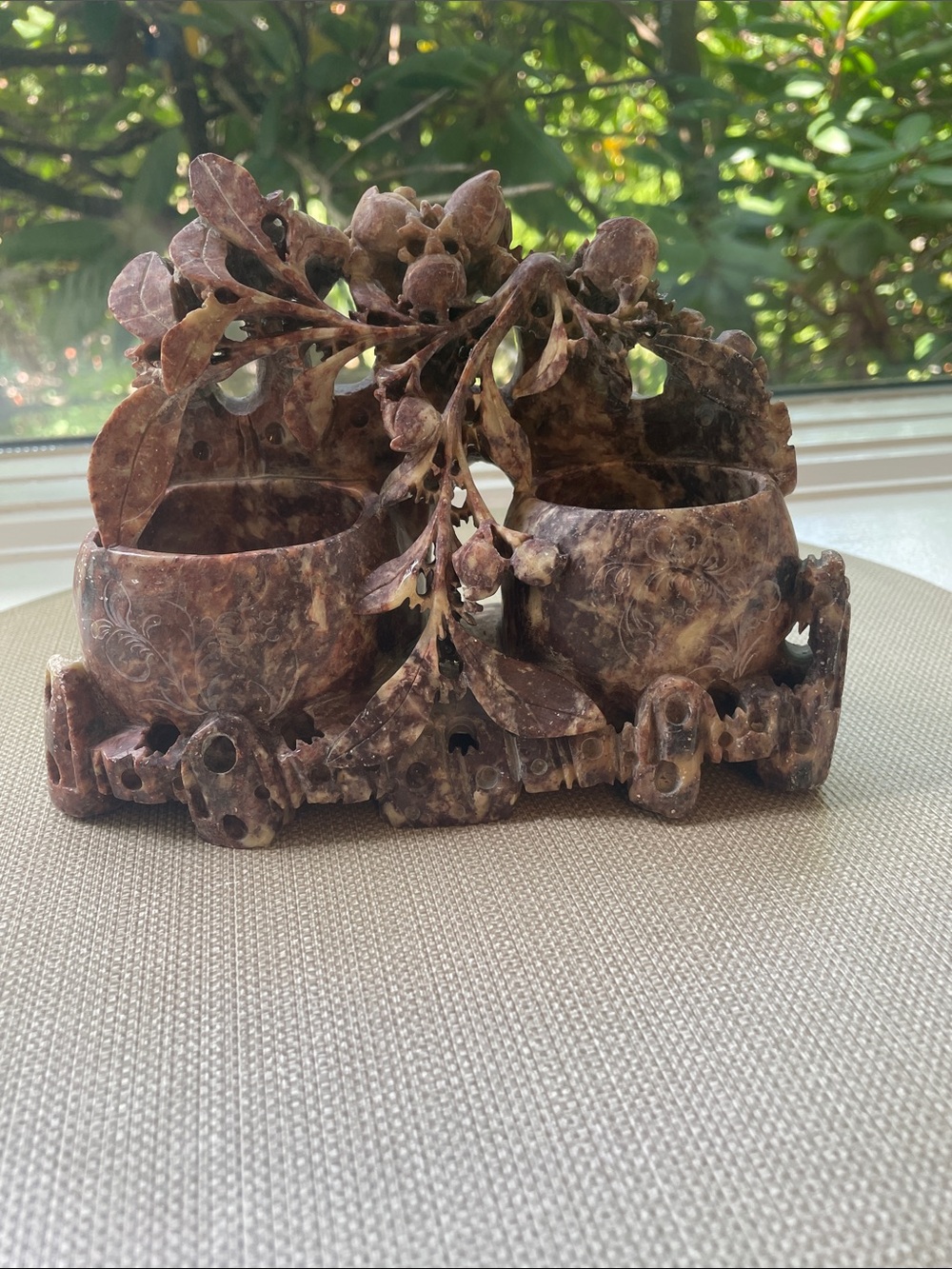 Antique Chinese hand carved soap stone double brush pot with foliage.